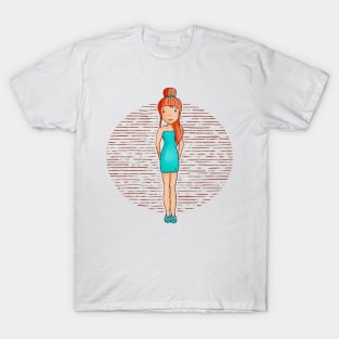 Cute girl with red hair wearing a green outfit and shoes. T-Shirt